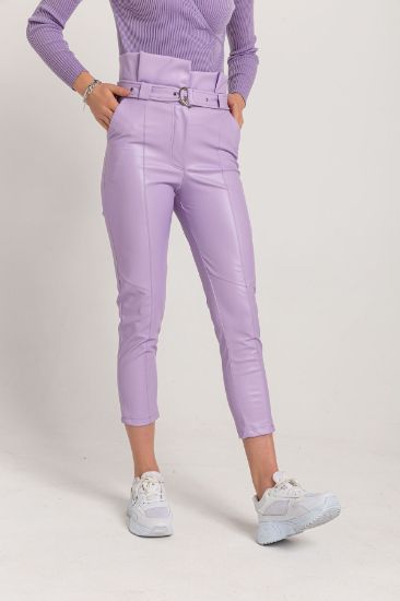 Picture of Leather Material Skinny Kalıp Yüksel Waist Belted Woman Trousers Lilac