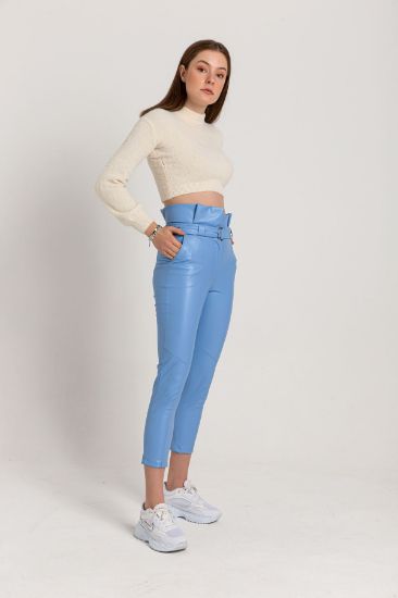 Picture of Leather Material Skinny Kalıp Yüksel Waist Belted Woman Trousers Blue