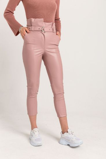 Picture of Leather Material Skinny Kalıp Yüksel Waist Belted Woman Trousers Powder