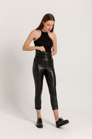 Picture of Leather Material Skinny Kalıp Yüksel Waist Belted Woman Trousers Black