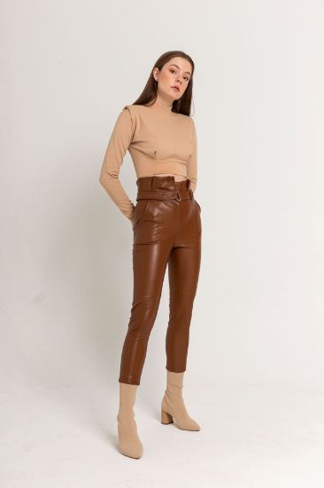 Picture of Leather Material Skinny Kalıp Yüksel Waist Belted Woman Trousers Tan