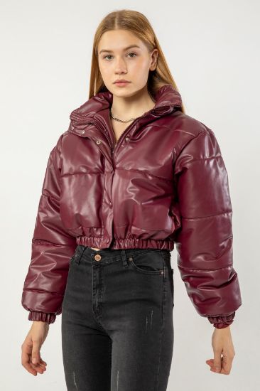 Picture of Leather Material Zipped Neck Short Size Oversize Loose Woman Coat Bordeux Maroon