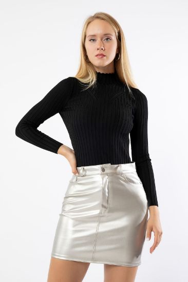 Picture of Leather Material Midi Size Skinny Kalıp Woman Skirt Silver