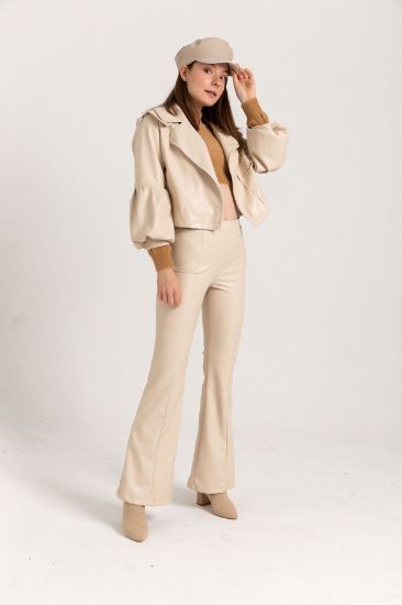 Picture of Leather Material Long Maxi Size skinny Fit Flare Woman Trousers Beige