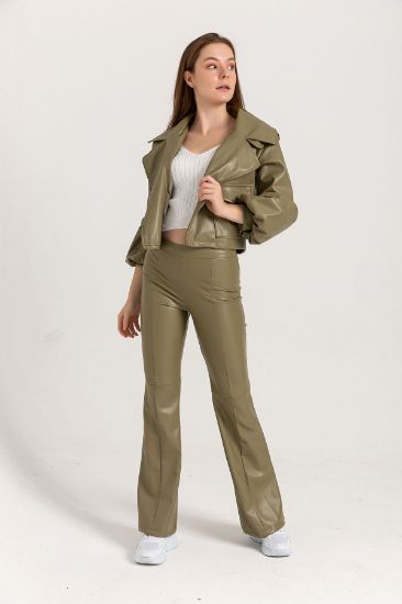 Picture of Leather Material Long Maxi Size skinny Fit Flare Woman Trousers Khaki