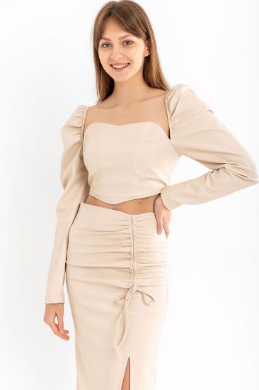 Picture of Leather Material Long Maxi Sleeve Strapless Heart Neck Behind Zipper Detailed Woman Crop Beige