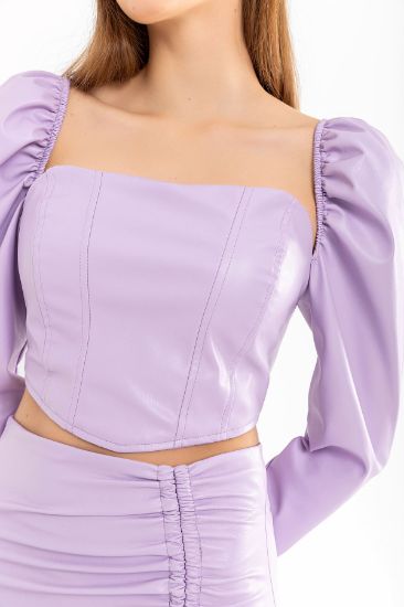 Picture of Leather Material Long Maxi Sleeve Strapless Heart Neck Behind Zipper Detailed Woman Crop Lilac