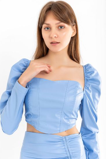 Picture of Leather Material Long Maxi Sleeve Strapless Heart Neck Behind Zipper Detailed Woman Crop Blue