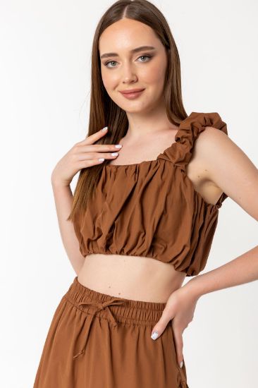 Picture of Woven Material Strap Square Neck Büzgü Detailed Woman Crop Brown
