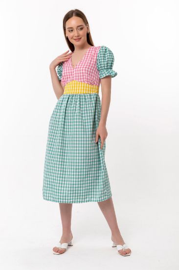 Picture of Plaid Material Balon Sleeve V Neck Pitikare Woman Dress Mint