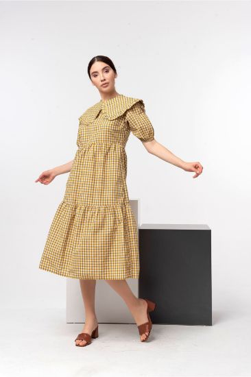 Picture of Plaid Material Midi Size Bebe Neck Piti Plaid Woman Dress Mustard Mustard Yellow