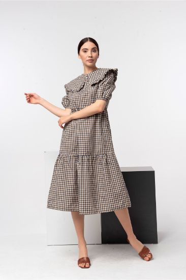 Picture of Plaid Material Midi Size Bebe Neck Piti Plaid Woman Dress Navy Navy Blue