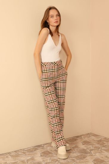 Picture of Plaid Material Comfortable Kalıp Woman Trousers Khaki
