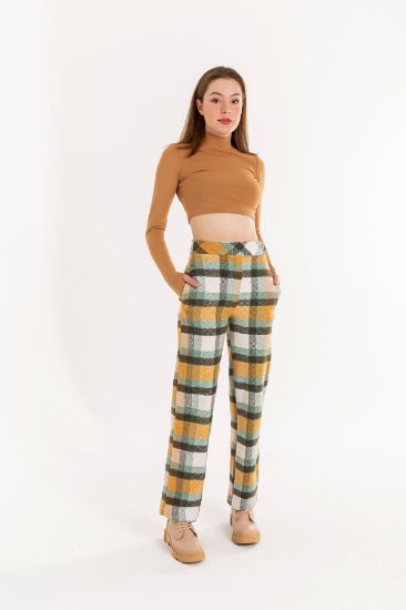Picture of Plaid Material Comfortable Kalıp Woman Trousers Mustard Mustard Yellow