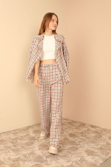 Picture of Plaid Material Long Maxi Size Oversize Loose Fringed Woman Trousers Tan