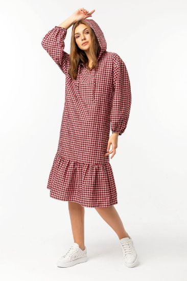 Picture of Plaid Material Long Maxi Sleeve Hooded Midi Size Loose Kalıp Woman Dress Red