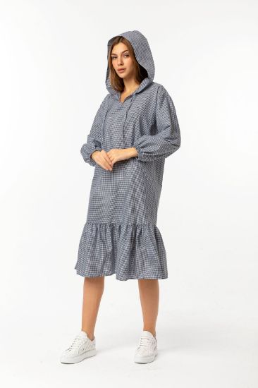 Picture of Plaid Material Long Maxi Sleeve Hooded Midi Size Loose Kalıp Woman Dress Navy Navy Blue