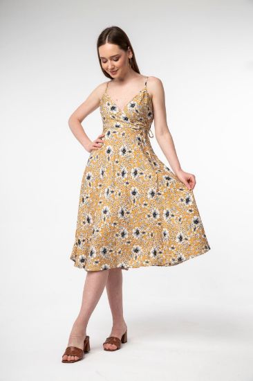 Picture of Empirme Material Strap V Neck Tam Kalıp flower Patterned Woman Dress Mustard Mustard Yellow