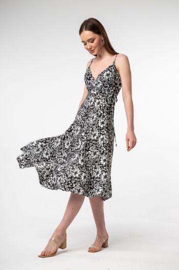 Picture of Empirme Material Strap V Neck Tam Kalıp flower Patterned Woman Dress Black