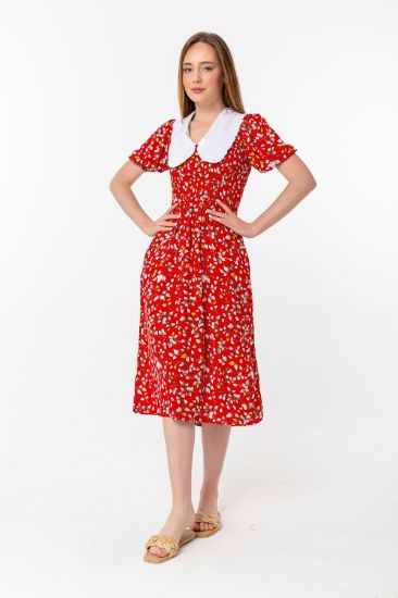 Picture of Empirme Material Balon Sleeve Bebe Neck leaf Patterned Woman Dress Red