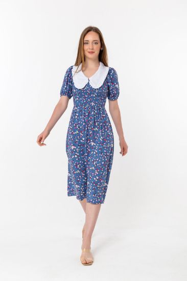 Picture of Empirme Material Balon Sleeve Bebe Neck leaf Patterned Woman Dress Blue