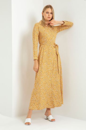 Picture of Empirme Material Shirt Neck Çıtır flower Patterned Woman Dress Mustard Mustard Yellow