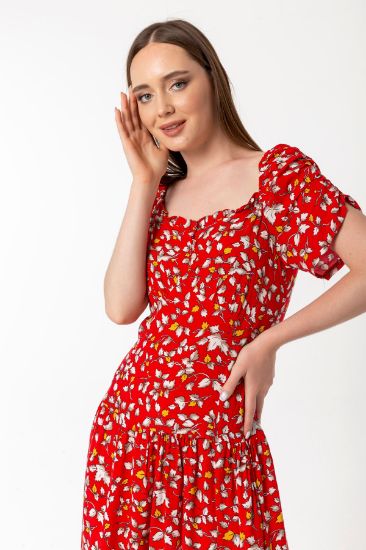 Picture of Empirme Material Square Neck flower Pattern Büzgü Detail Woman Dress Red