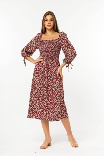 Picture of Empirme Material Square Neck Skinny Kalıp flower Patterned Woman Dress Bordeux Maroon