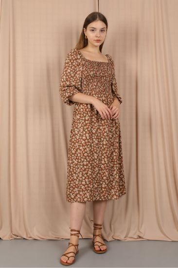 Picture of Empirme Material Square Neck Skinny Kalıp flower Patterned Woman Dress Brown