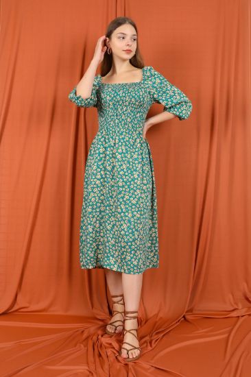 Picture of Empirme Material Square Neck Skinny Kalıp flower Patterned Woman Dress Green