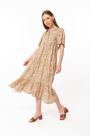 Picture of Empirme Material Oversize flower Pattern Buttoned Woman Dress Beige