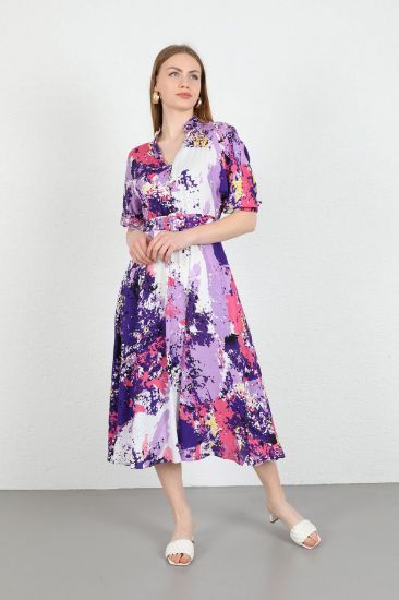 Picture of Empirme Material V Neck Knee Six Size Melange Pattern Belted Woman Dress Purple