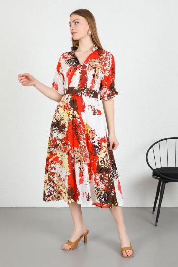 Picture of Empirme Material V Neck Knee Six Size Melange Pattern Belted Woman Dress Pomegranate Çiçeği