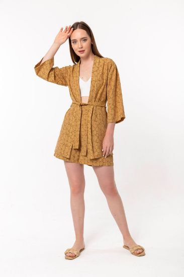 Picture of Empirme Soft Material Half Sleeve Shawl Neck Loose Kalıp flower Pattern Woman Suit Camel