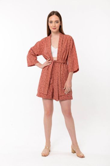 Picture of Empirme Soft Material Half Sleeve Shawl Neck Loose Kalıp flower Pattern Woman Suit Rose Kurusu