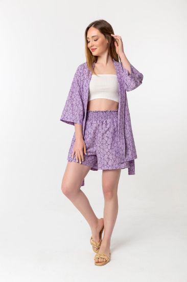Picture of Empirme Soft Material Half Sleeve Shawl Neck Loose Kalıp flower Pattern Woman Suit Lilac