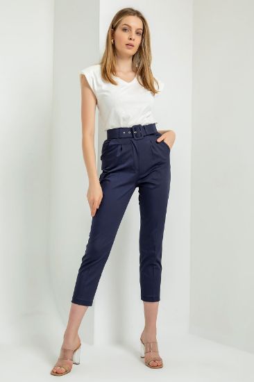 Picture of Erika Material 3 4 Size Belted Woman Trousers Navy Navy Blue