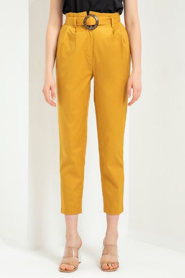 Picture of Erika Material Bilek Size Havuç Cut Belt Detailed Woman Trousers Mustard Mustard Yellow