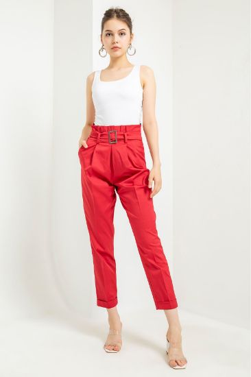 Picture of Erika Material Bilek Size Havuç Cut Belted Woman Trousers Bordeux Maroon