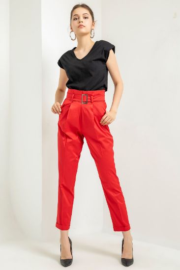 Picture of Erika Material Bilek Size Havuç Cut Belted Woman Trousers Red
