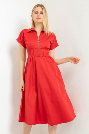 Picture of Erika Material Short Sleeve Zipper Neck Woman Dress Red