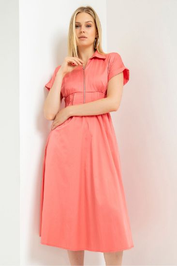 Picture of Erika Material Short Sleeve Zipper Neck Woman Dress Pomegranate Çiçeği