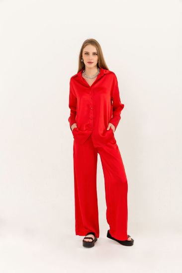 Picture of Eva Satin Material Long Maxi Size Comfortable Kalıp Woman Trousers Red