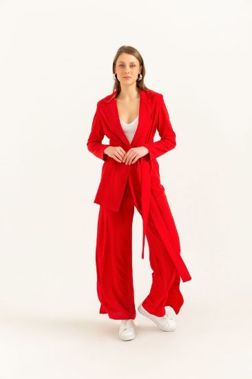 Picture of İthal Aerobin Material Loose Kalıp Yırtmaç Detailed Woman Trousers Red