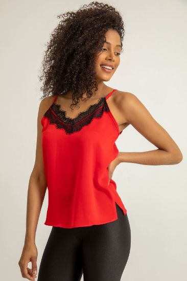 Picture of Jesica Material Strap V Neck Lace Detailed Woman Blouse Red