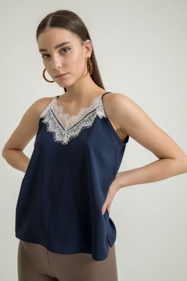 Picture of Jesica Material Strap V Neck Lace Detailed Woman Blouse Navy Navy Blue