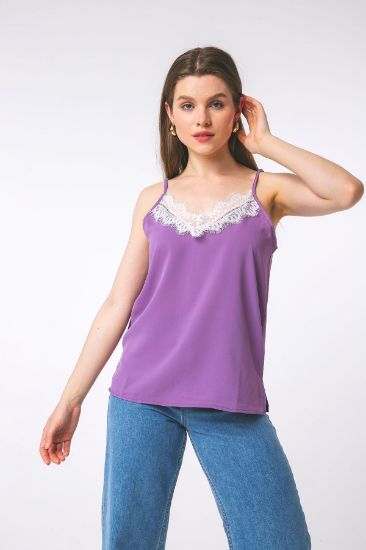 Picture of Jesica Material Strap V Neck Lace Detailed Woman Blouse Lilac