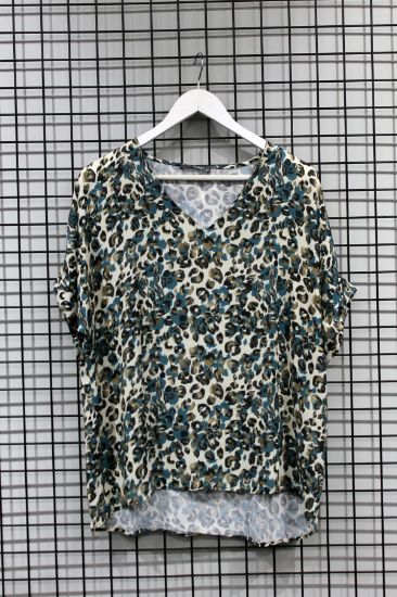 Picture of Jesica Material Short Sleeve V Neck Oversize Loose Leopard Pattern Woman Blouse Petroleum Petroleum Green