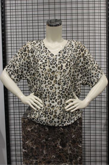 Picture of Jesica Material Short Sleeve V Neck Oversize Loose Leopard Pattern Woman Blouse Mink