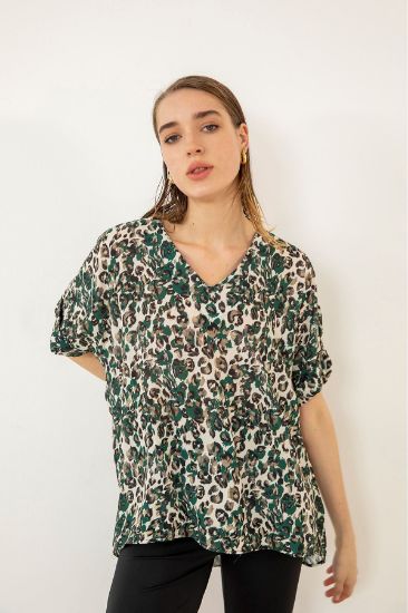Picture of Jesica Material Short Sleeve V Neck Oversize Loose Leopard Pattern Woman Blouse Green